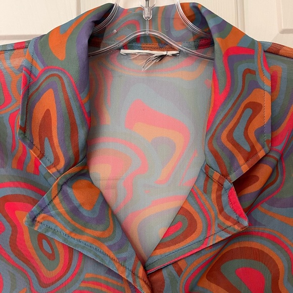Milk It Retro Psychedelic Print Mesh Button-Up Crop Top S - Picture 6 of 10